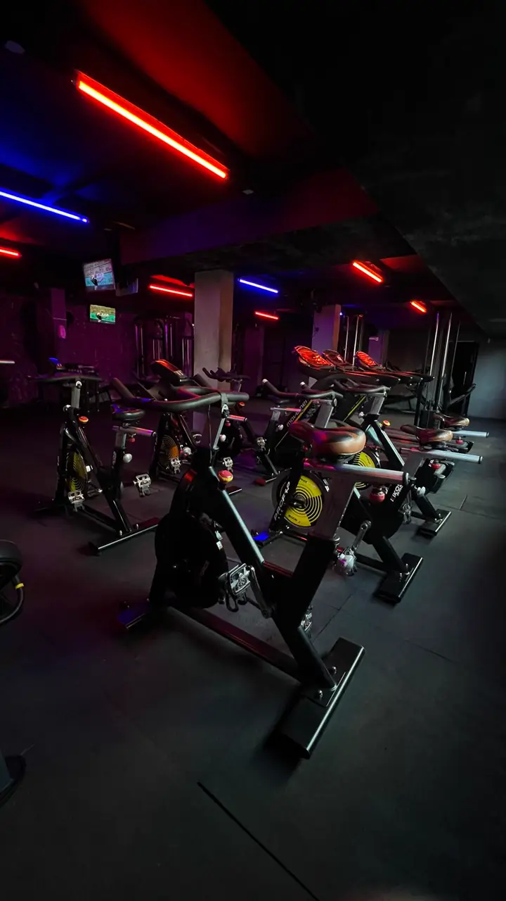 Fileira de bicicletas de spinning no salão